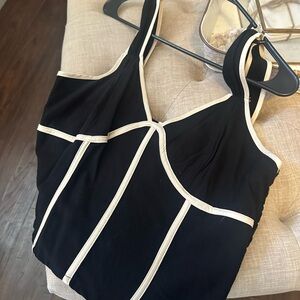 Black Sleeveless Top with Cream Trim